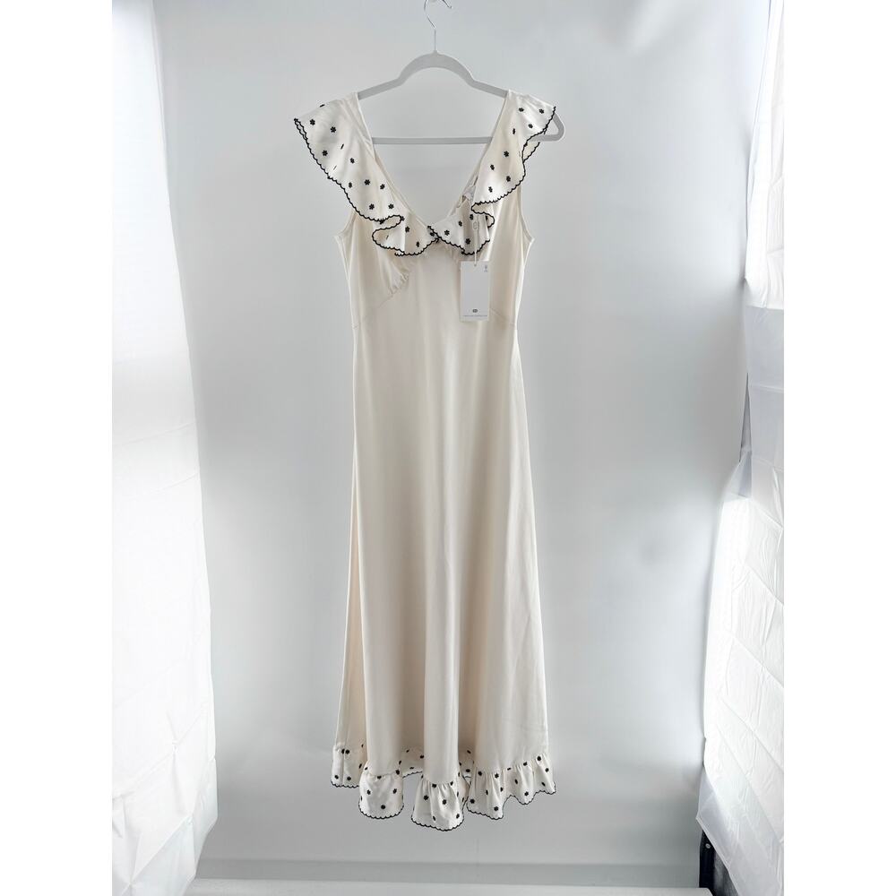 NWT Caroline Constas Arleen Embroidered Satin Maxi Dress with Ruffles Cream S - Picture 2 of 5
